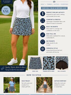 Tranquility Skort XXL Blue Brown Leaf Golf Tennis Athletic Skirt Activewear